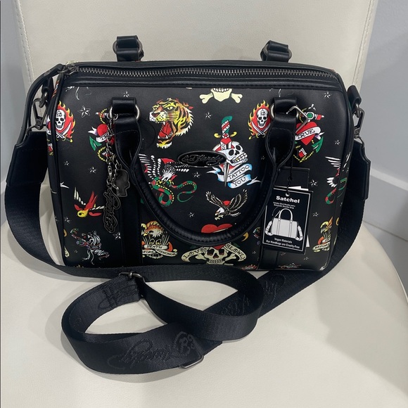 Ed Hardy "Love Kills/Tiger/Hearts" Black/White/Red Satchel Crossbody Bag & Strap - Picture 1 of 8